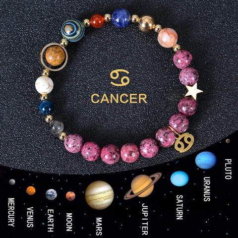 Natural Stone Beaded Bracelet Solar System Eight Planets Theme Zodiac Sign Alloy Charms For Couples Unisex Elastic Jewelry