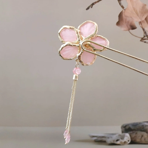 Pic À Cheveux Style Chinois Vintage Fleur De Pêcher Rose Gland Alliage Résine Épingle À Cheveux Rétro Hanfu Pour Femmes