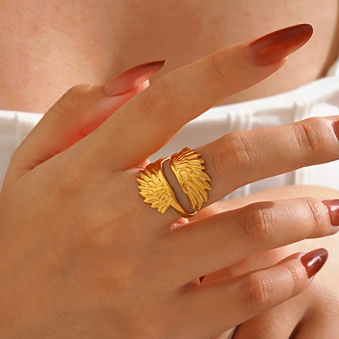 Wing Open Ring Stainless Steel Feather Texture Adjustable Fashion Hip Hop Jewelry For Women