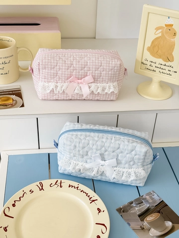 Trousse De Maquillage En Coton Matelassé À Carreaux Motif Coeur Avec Dentelle Et Nœud Organisateur Cosmétique Style Coréen