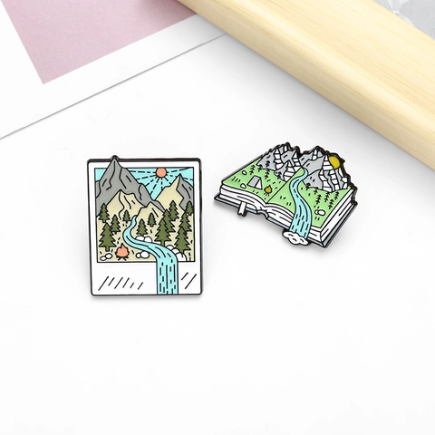Creative Nature Scenery Enamel Brooch Pins Outdoor Hiking Landscape Mountain River Polaroid Book Shape Alloy Badge For Backpacks