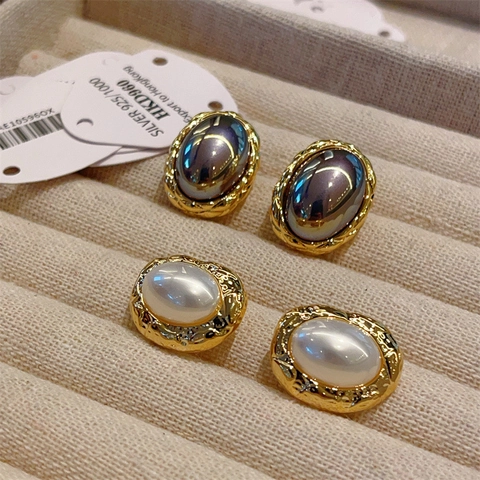 Orecchini a Bottone con Perle Artificiali Vintage Francesi con Perno in Argento Sterling 925 Eleganti Gioielli in Lega Geometrica per Donna
