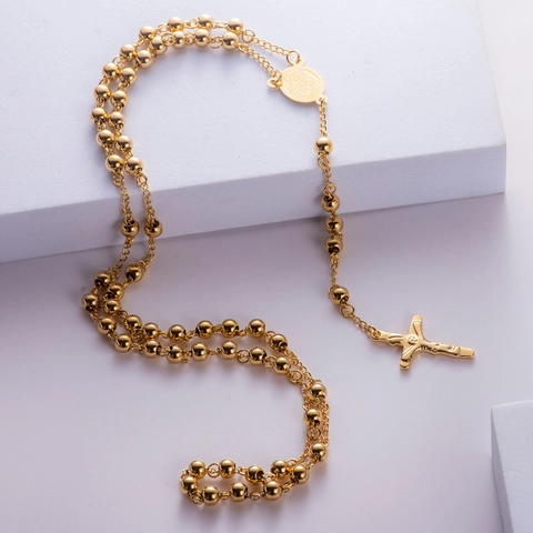 Stainless Steel Rosary Necklace Gold Plated Round Beads Cross Crucifix Religious Pendant Jewelry For Women