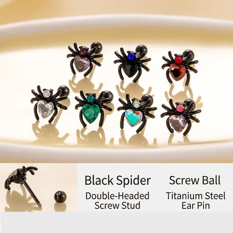 Heart Zircon Black Spider Stud Earrings Titanium Steel Gothic Punk Ear Bone Piercing Double Screw Ball Jewelry