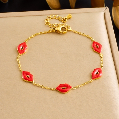 Red Lips Charm Bracelet Gold Plated Stainless Steel Adjustable Chain Sexy Personalized Fashion For Women