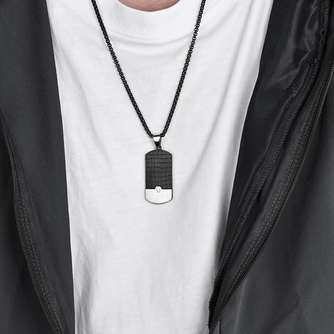 Collana Con Pendente Targhetta Da Uomo Acciaio Inossidabile Motivo Coccodrillo Nero Spazzolato Bicolore Zircone Intarsiato