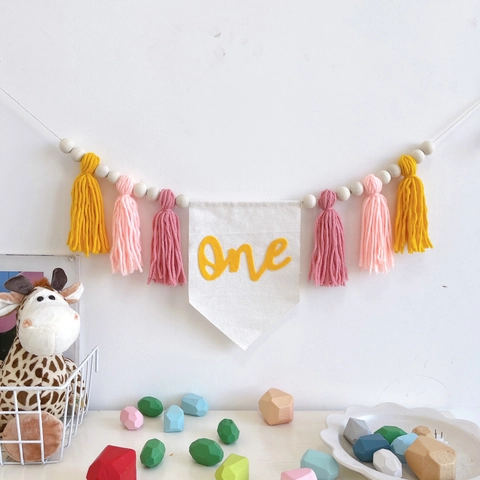 First Birthday High Chair Banner Tassel Garland Wood Beads Cotton Yarn Party Decoration Bohemian Style Baby
