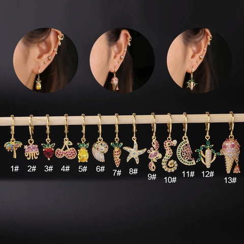 Colorful Zircon Huggie Earrings Tropical Fruit Sea Animal Charms Copper Gold Plated Summer Boho Jewelry