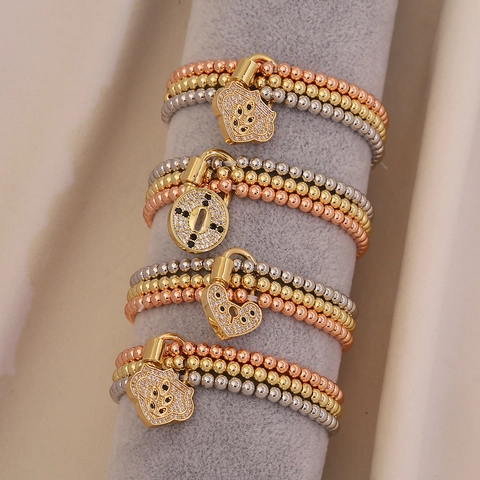 Unisex Beaded Bracelet Copper Zircon Pave Heart Lock Pendant Hamsa Hand Jewelry Gold Silver Rose Gold Plated Fashion