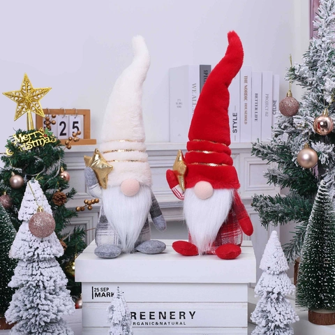 Gnome De Noël En Peluche Décoration Avec Étoile Dorée Chapeau À Paillettes Longue Barbe Corps À Carreaux Ornement De Table