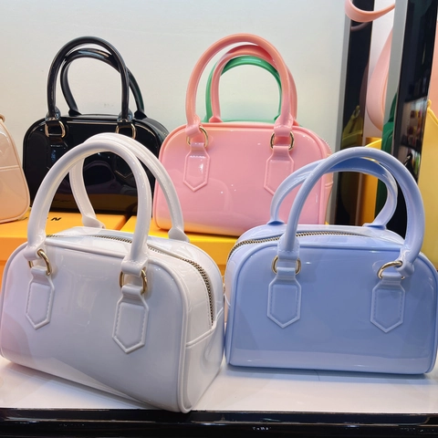 Women Jelly Boston Bag PVC Glossy Handbag Top Handle Crossbody Shoulder Bag Street Fashion Minimalist Trendy Solid Color