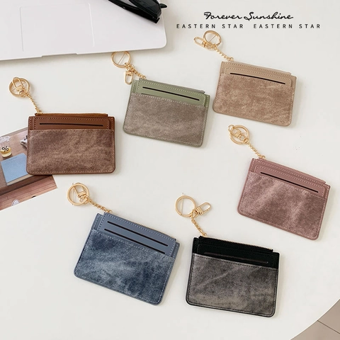 Women Mini Card Holder PU Leather Denim Patchwork Ultra Thin Wallet With Keychain Zipper Pocket Minimalist Small Credit Card Case