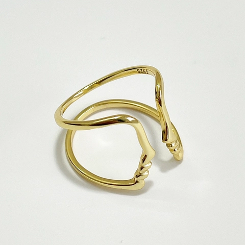 925 Sterling Silber Ring Abstraktes Gesichtsprofil Umriss Vergoldet Offen Verstellbar Künstlerischer Schmuck Damen