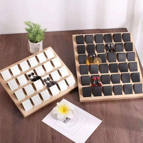 Bamboo Wood Earring Display Stand Jewelry Storage Tray Multi Slot Studs Earrings Organizer For Boutique Retail Showcase