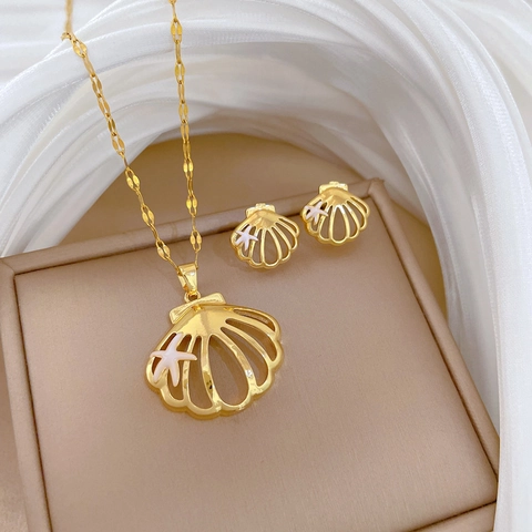Hollow Shell Starfish Necklace And Earrings Gold Plated Stainless Steel Copper Marine Style Jewelry For Women