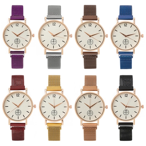 Fashion Women's Quartz Watch Milanese Alloy Mesh Strap Magnetic Buckle Sub-dial Round Analog Minimalist Casual Wristwatch