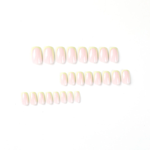 French Press On Nails Mid Length Square Glossy False Nails Nude Pink With Green Tip Manicure For Women Daily Wear Fashion