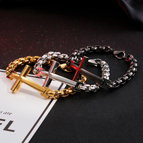 Bracciale Da Uomo Con Croce In Acciaio Inossidabile Catena Box Spessa Punk Gothic Gioielli Religiosi