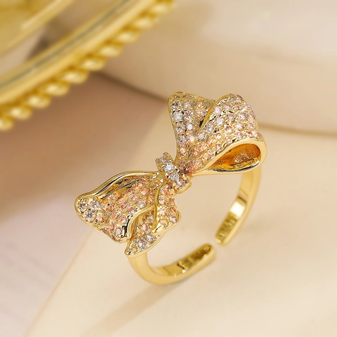 Schleife Verstellbarer Offener Ring Kupfer 18K Vergoldet Mikroverlegter Zirkon Exquisiter Modeschmuck Für Frauen