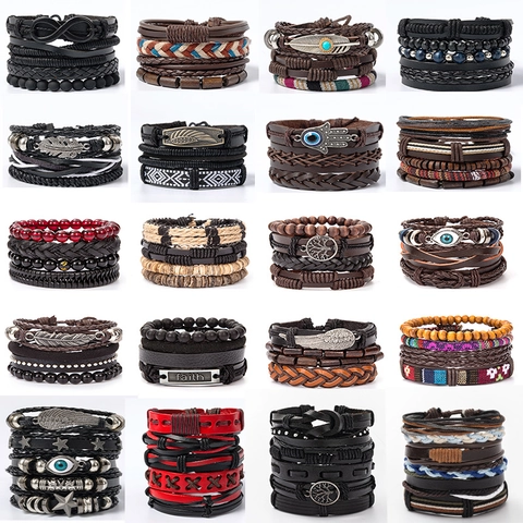 Multi-layer Leather Bracelet Adjustable Braided Wax Rope Hemp Cord Alloy Feather Charm Retro Ethnic Style Wristband Unisex