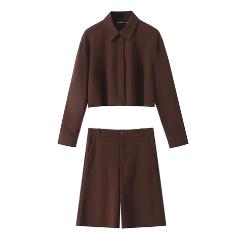 Women Casual Long Sleeve Crop Top Shirt And High Waist Bermuda Shorts Solid Color Polyester Streetwear Fashion