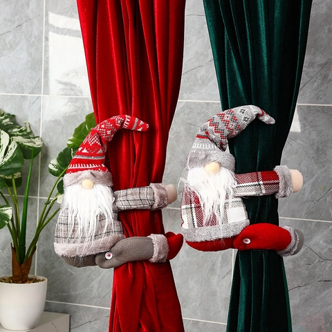Christmas Gnome Curtain Buckle Knit Fabric Velvet Faux Fur Scandinavian Tomte Gonk Long Beard Tall Hat Holiday Window Decor