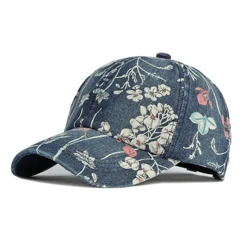 Berretto Da Baseball Con Stampa Floreale Denim Di Cotone Lavato Vintage Protezione Solare Regolabile Cappello Casual