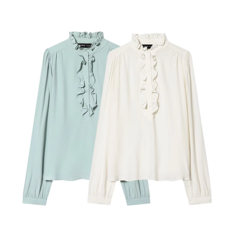 Blusa Elegante De Manga Larga Con Adorno De Volantes Camisa Vintage Con Cuello Alzado Color Sólido Top Casual Para Mujer
