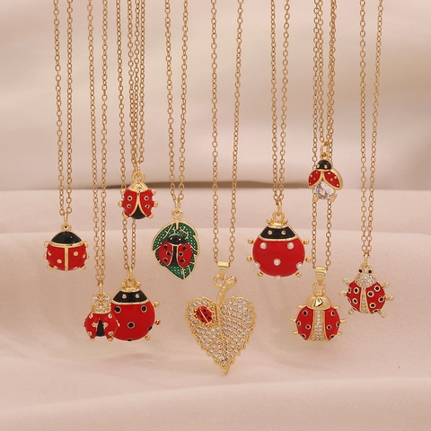 Collana Con Ciondolo Coccinella Smalto Scarabeo Gioielli Animali Zircone Placcato Oro Acciaio Inossidabile Delicato