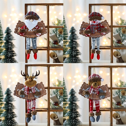 Christmas Hanging Ornaments Wood Plush Santa Reindeer Snowman Bear For Tree Door Window Holiday Home Decoration