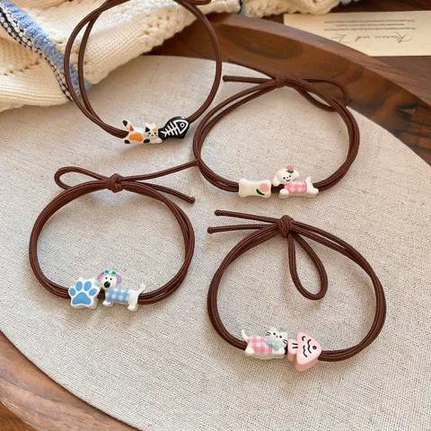 Cute Cartoon Animal Hair Ties Alloy Resin Pendants Cat Dog Fish Bone High Elastic Rubber Bands Sweet Hair Accessories Women Girls