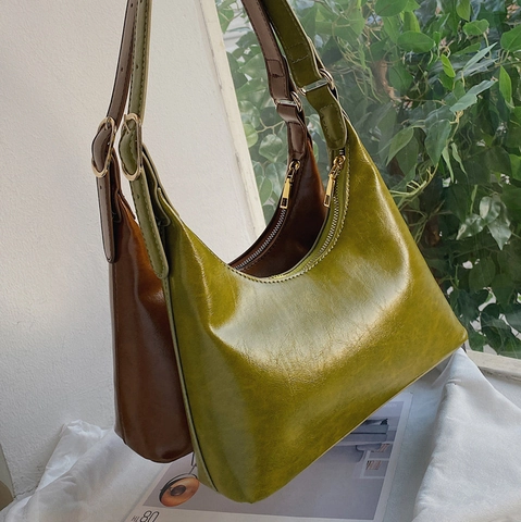 Women PU Leather Underarm Shoulder Bag Vintage Hobo Baguette Bag Solid Color Zipper Closure Adjustable Strap Handbag