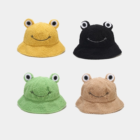 Cappello Da Pescatore Rana Carino Peluche Lana Di Agnello Caldo Autunno Inverno Per Donne Uomini Occhi 3D Sorriso Ricamato