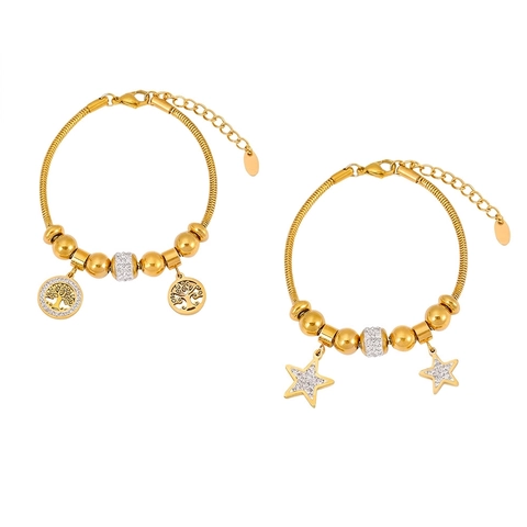 Bracciale Placcato Oro in Acciaio al Titanio con Catena a Serpente per Donna Elegante Pendente Albero della Vita Stella Luna con Strass