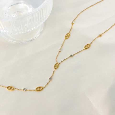 Y-Shape Tassel Necklace Stainless Steel 18K Gold Plated Pig Nose Design Hollow Oval Link Zircon Inlaid Elegant For Women