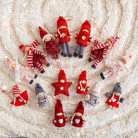 Christmas Hanging Doll Ornaments Knitted Cloth Felt Wood Angel Gnome Pendants For Tree Decor Handmade Nordic Style
