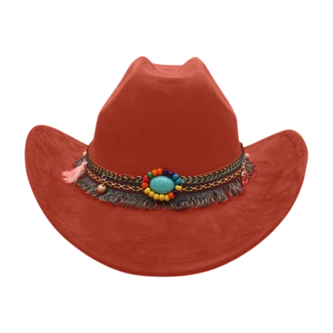 Cappello da Cowboy Occidentale Etnico in Camoscio Fedora a Tesa Larga Con Perline Turchesi e Nappine Cappello Boho Knight per Performance Viaggio Festa Donna Uomo