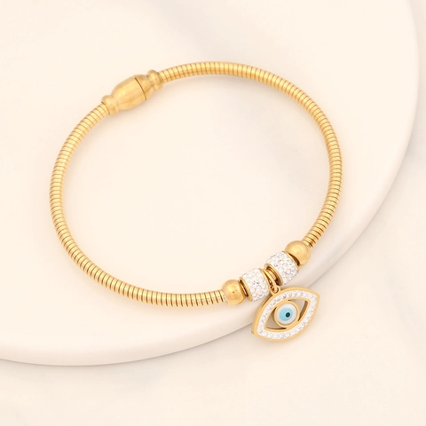 Fashion Gold Plated Stainless Steel Snake Chain Charm Bracelet Women With Evil Eye Tree Of Life Zircon Magnetic Clasp