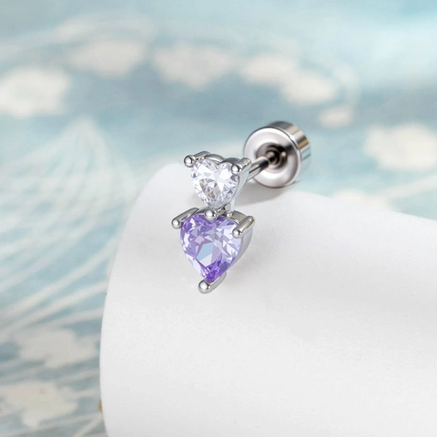 Double Heart Cartilage Earring Stud Titanium Steel Copper Zircon Candy Color Screw Back Piercing For Women Girls