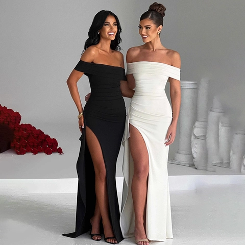 Off Shoulder Maxi Kleid Mit Hohem Schlitz Sexy Slim Fit Ruched Bodycon Abendkleid Für Damen Elegantes Partykleid