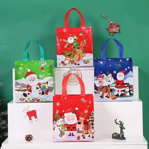 Kerstcadeautassen Non Woven Herbruikbaar Feestartikelen Cartoon Kerstman Sneeuwpop Bedrukte Verpakking Opslag Handtassen