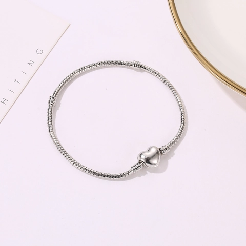 Heart Clasp Snake Chain Bracelet Copper Silver Rose Gold Plated Basic Diy Jewelry For Women Elegant Minimalist Plain Charms Holder