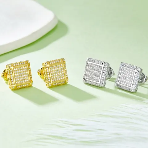 Square Stud Earrings 925 Sterling Silver Moissanite Pave Shiny Screw Back Hip Hop Luxury Fashion Jewelry For Women