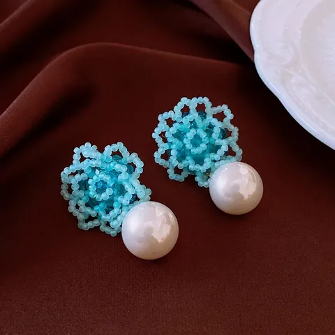 Flower Artificial Pearl Drop Earrings With Silver Earring Post Handmade Beaded Copper Retro Elegant Floral Jewelry For Women