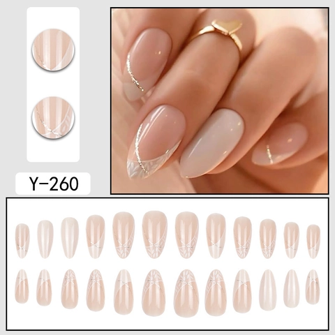 Press On Nails Almond Shape Nude Pink With White Leaves And Silver Glitter Lines Artificial Fake Nails For Women