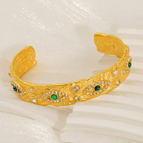 Brazalete De Ojo Turco De Acero Inoxidable Chapado En Oro De 18K Textura Martillada Malaquita Piedra Verde Circón Vintage