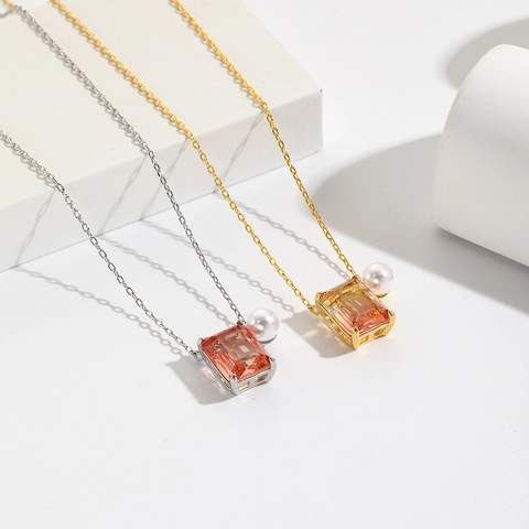 Geometric Rectangle Gradient Zircon And Artificial Pearl Pendant Necklace Brass Gold Plated Minimalist Fashion Jewelry For Women