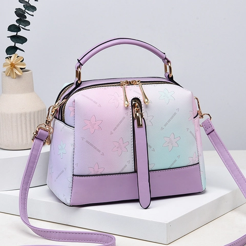 Women Gradient Color Floral Print PU Leather Shoulder Bag Double Zipper Multi Compartment Crossbody Handbag Sweet