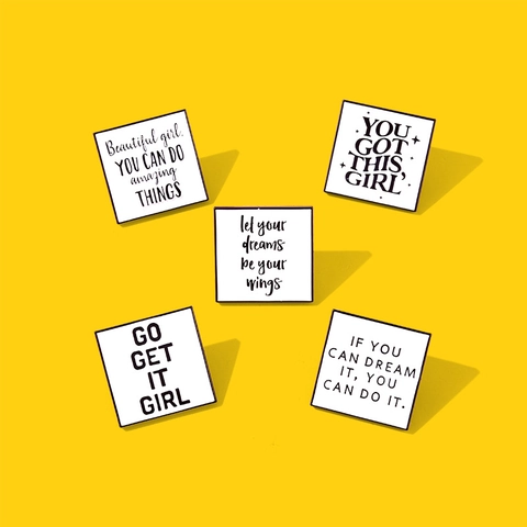 Square White Enamel Pin Brooch With Inspirational English Quote For Women Girl Alloy Geometric Badge Gift Jewelry