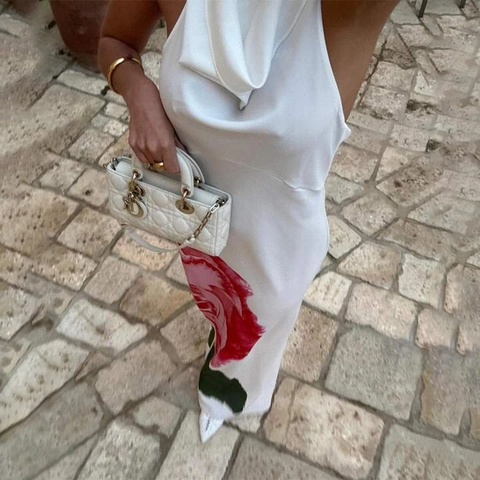Floral Print Satin Maxi Dress Halter Cowl Neck Backless Sleeveless Sexy High Waist Elegant Long Party Dress For Women